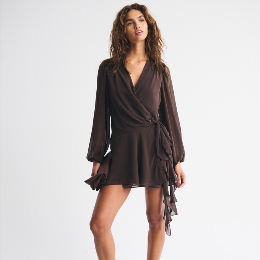 Abercrombie Brown Long Sleeve Plunge Wrap Mini Dress